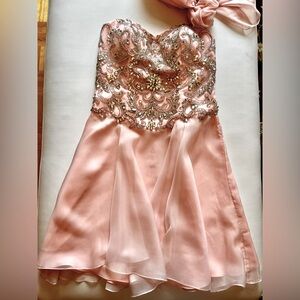 Soft Pink formal  dress , top half with rhinestones and sequence appliqué.